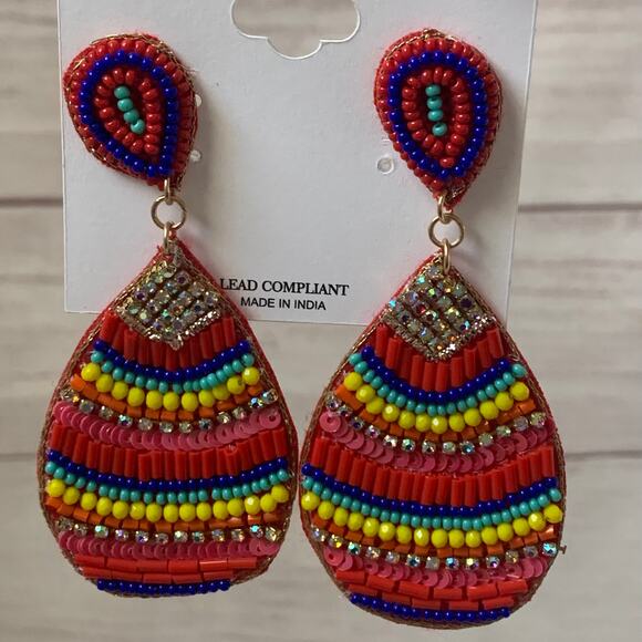 Natasha Multi-Color Beaded Dangle Earrings Striped Felt Back Post Push Back - Picture 14 of 16
